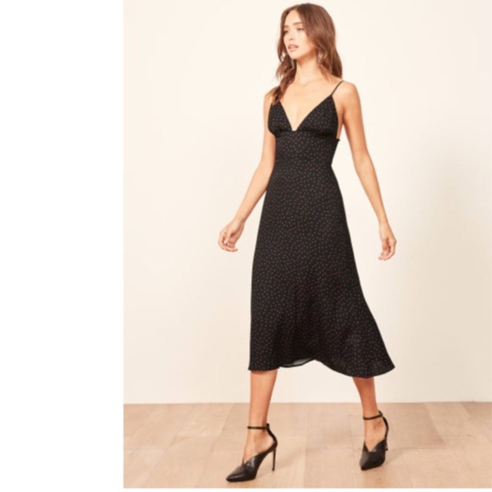 Reformation Talita Midi Dress Black Red Polka Dot - worn once!